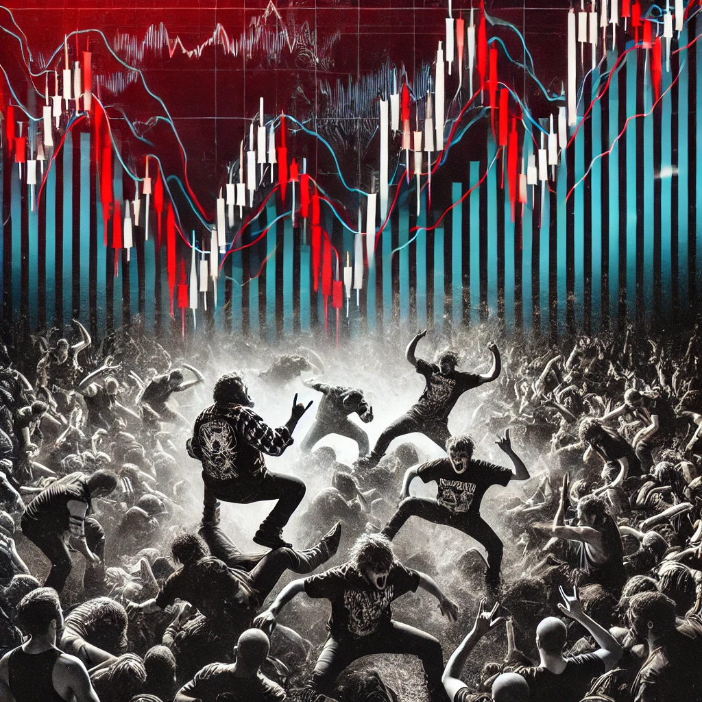 crowded mosh pit set against a falling stock chart, symbolizing surviving a bear market with a metal mindset