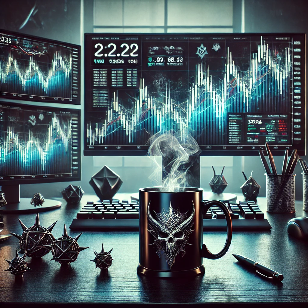 A modern trading desk with chart-filled monitors and a unique mug, capturing the edgy spirit of coffee-fueled trading.