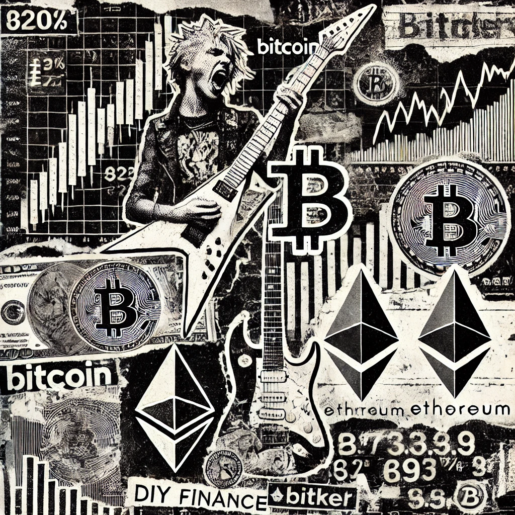 collage of DIY finance imagery, including guitars, stock charts, and crypto logos, in a punk zine style