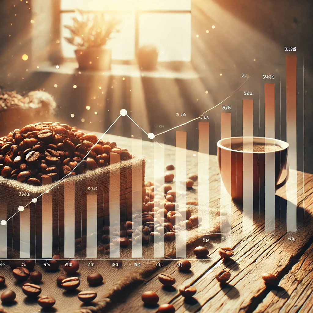 yellow coffee mugs near fresh coffee beans and a rising stock chart, symbolizing growth and nurturing potential