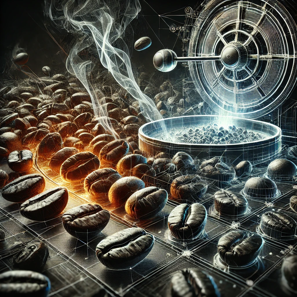 Technical illustration of coffee beans undergoing first crack in a dark roast enthusiasts mug process