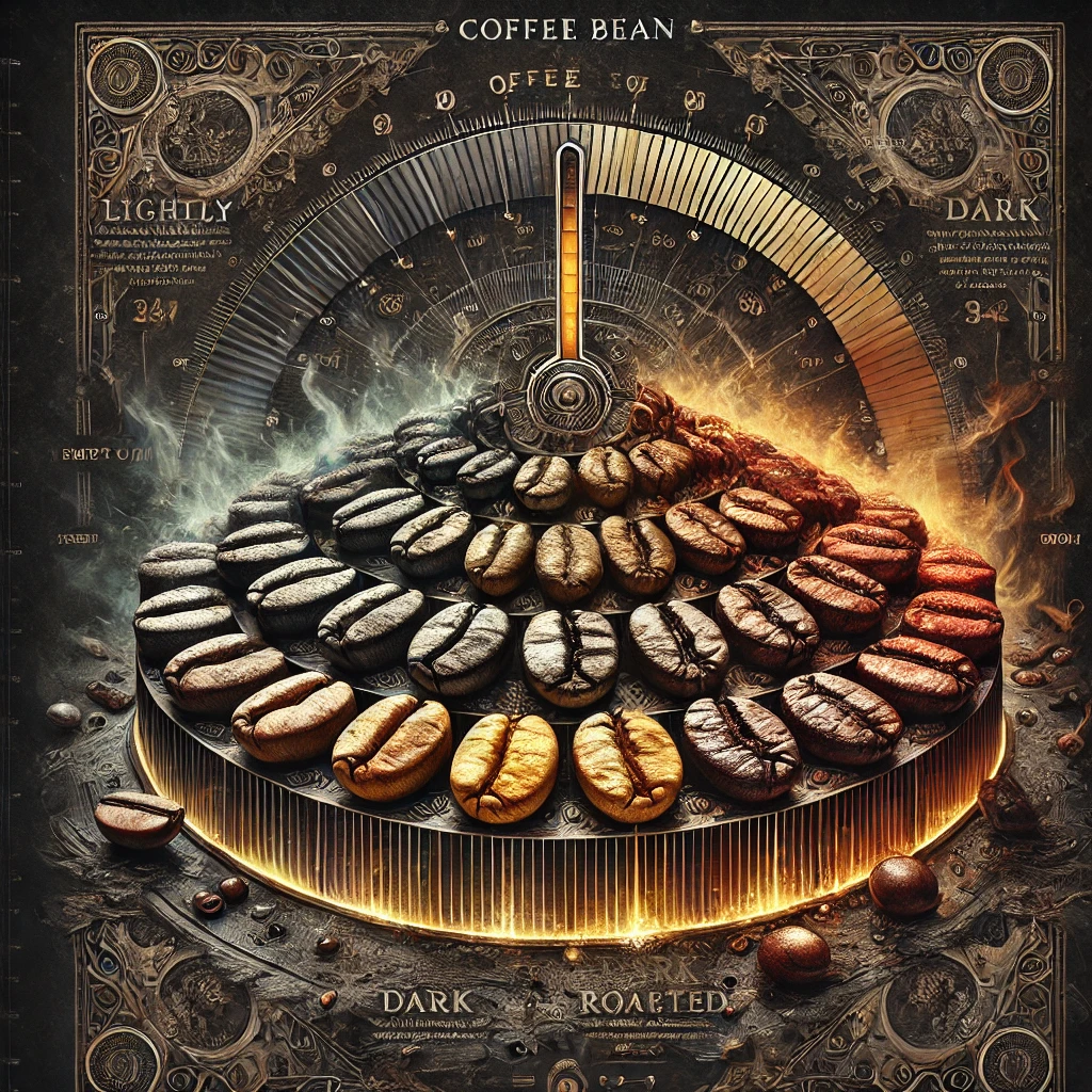 Coffee roast levels diagram showing progression from light to dark roasts in an inspirational coffee mug setting